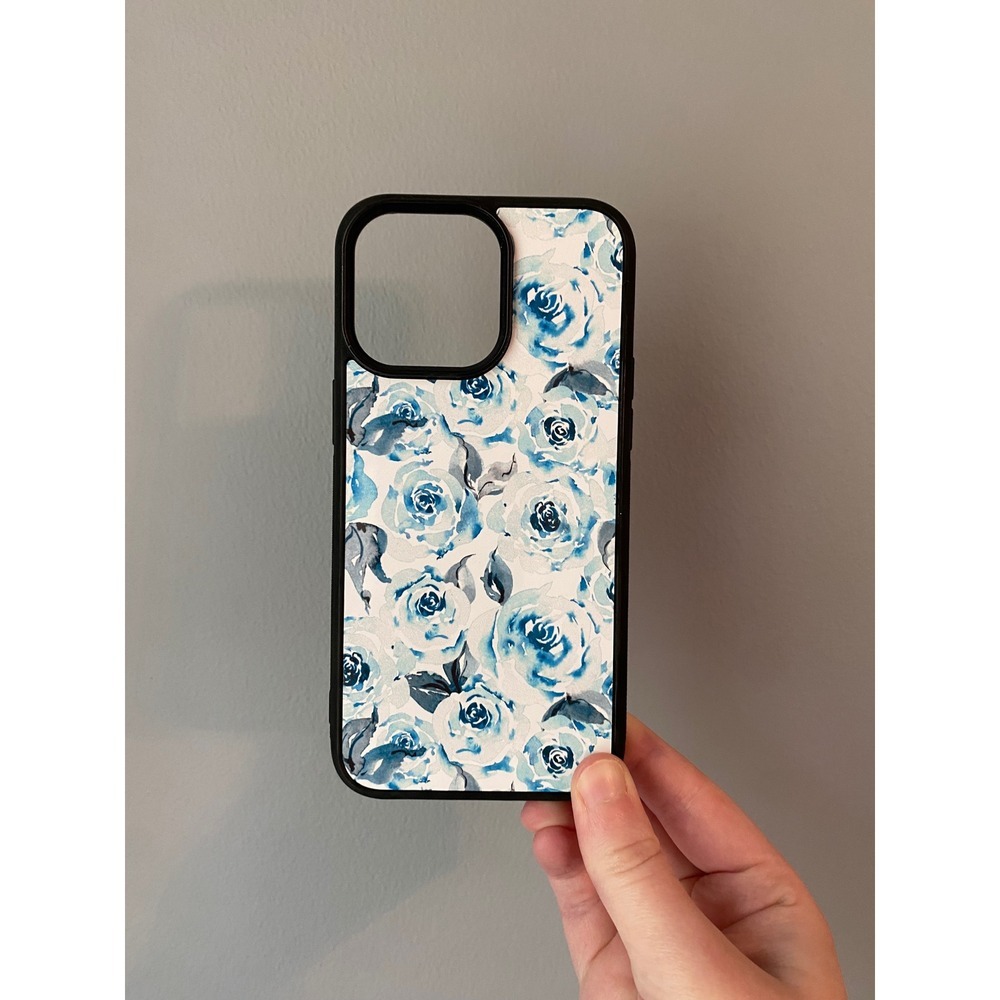 iPhone 15 Pro Max Case Blue Watercolor Floral Rose Pattern Black Bumper‎ Preppy
